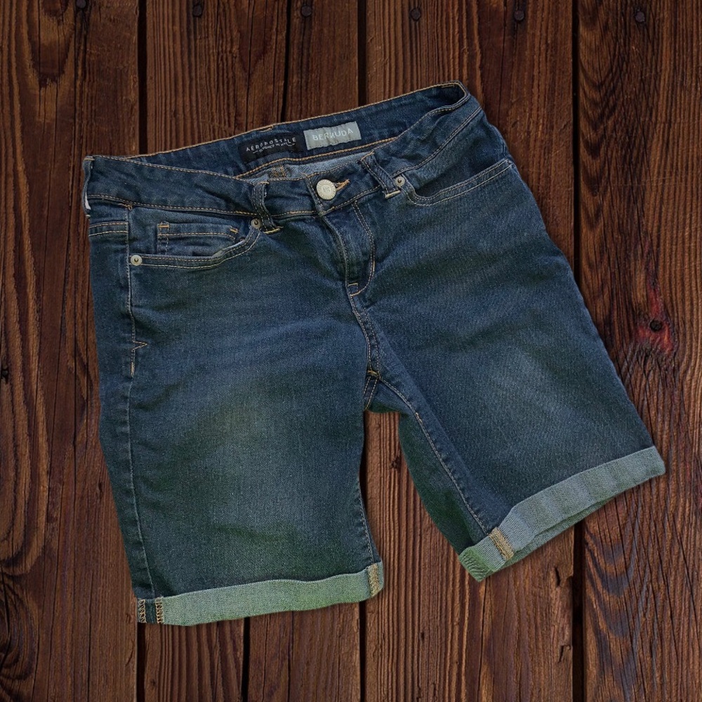 Aeropostale Denim Blue Jean Cuffed Bermuda Shorts